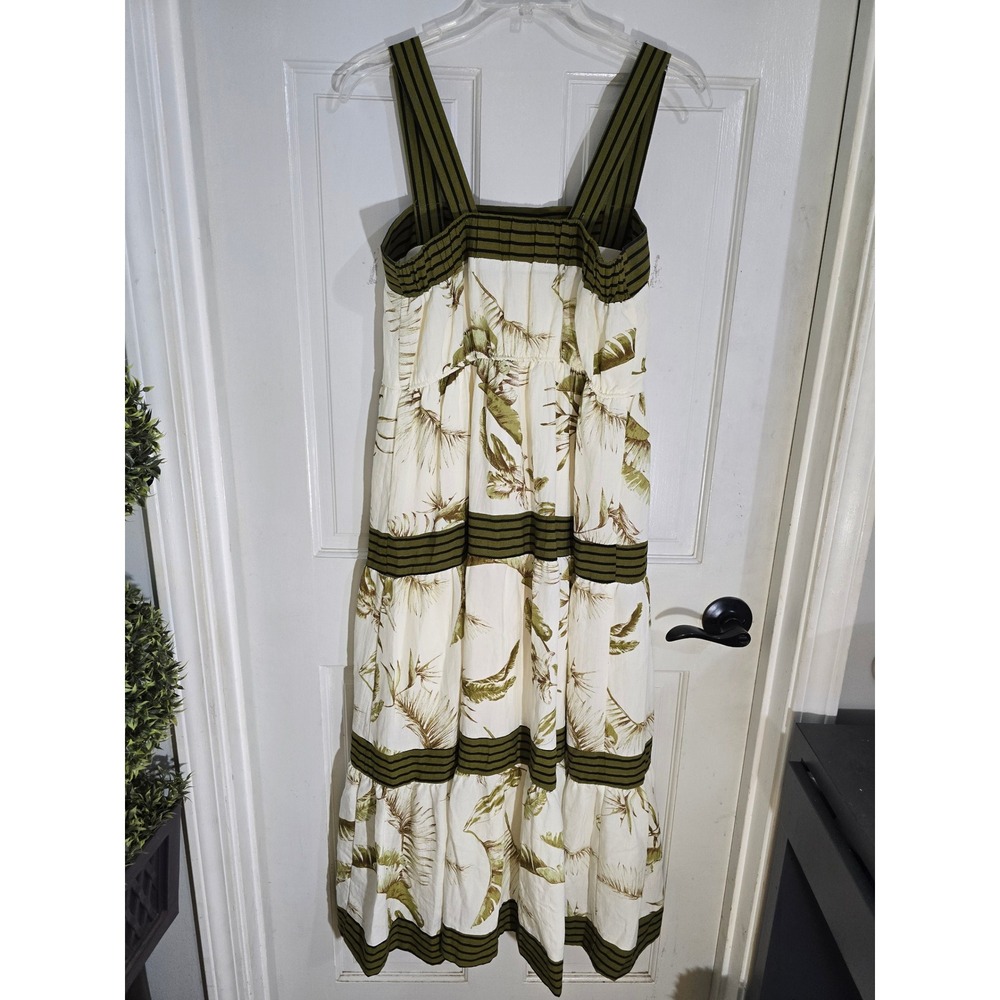 By The River Tropical Palm Print Tiered Midi Dress Olive Green Cream Medium - Picture 11 of 13